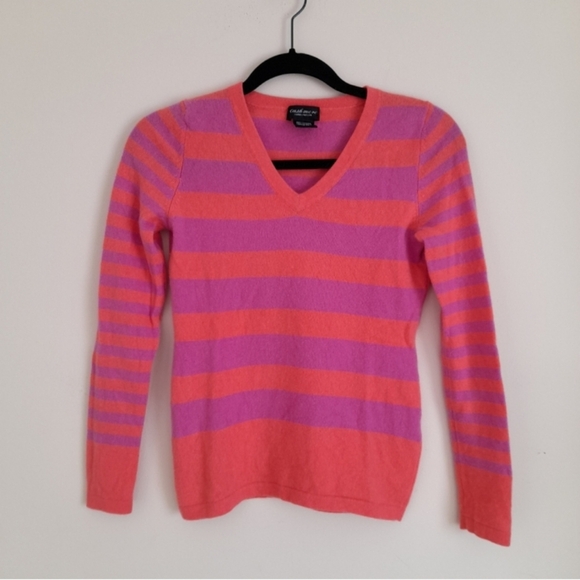 Lord & Taylor Sweaters - 100% Cashmere. Women's Striped V-Neck Sweater - Pink and Purple